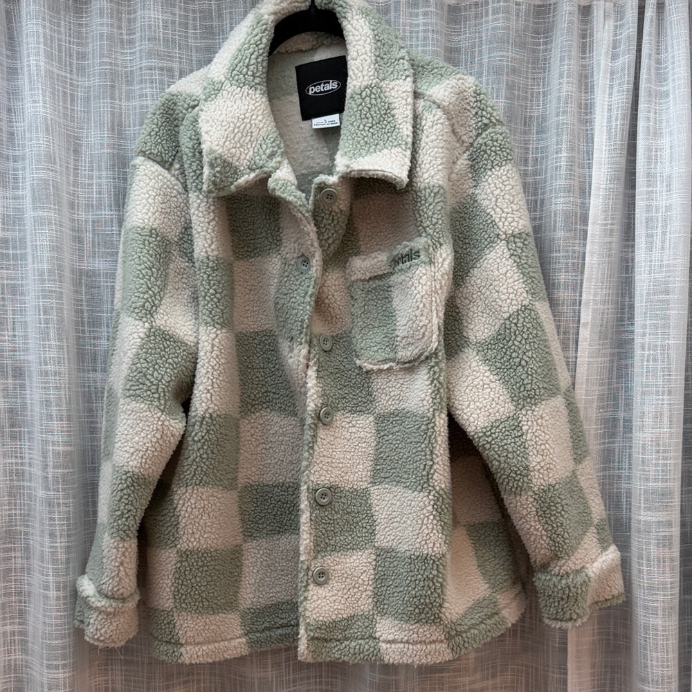 Petals - Lg - Sage & Cream Checkered Sherpa Jacket